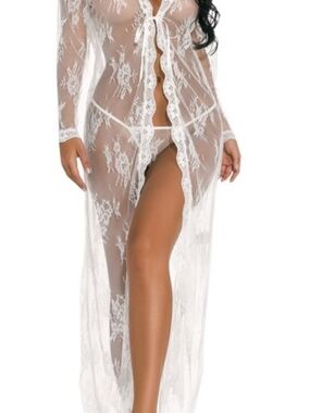 White Sheer Lace Long Robe for Women SZ-M .